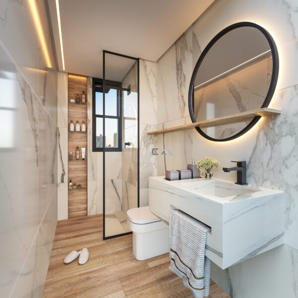 Banheiro Apartamento de 1 quarto, com 1 vaga à venda, por R$653.000,00 no Edifício Aldea, Vale do Sereno, Nova Lima