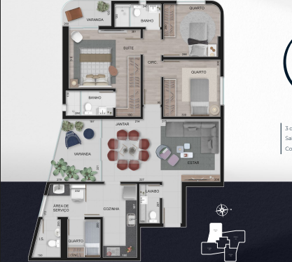 Planta Apartamento 1 de 03 Quartos, com 115m², à venda por R$1.980.000,00 no Luar Residencial Vale do Sereno