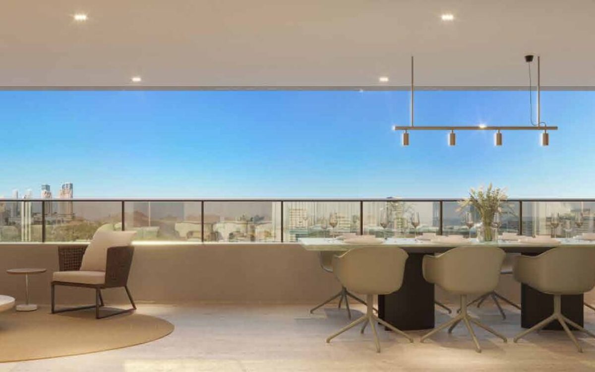 Varanda gourmet com vista para a cidade Citta Sereno Vale do Sereno