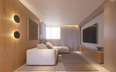 Home theater sala de TV apartamento Citta Sereno 4 suites