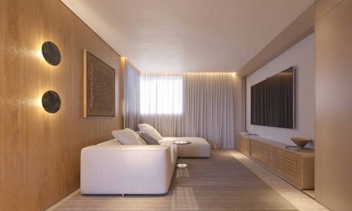 Home theater sala de TV apartamento Citta Sereno 4 suites