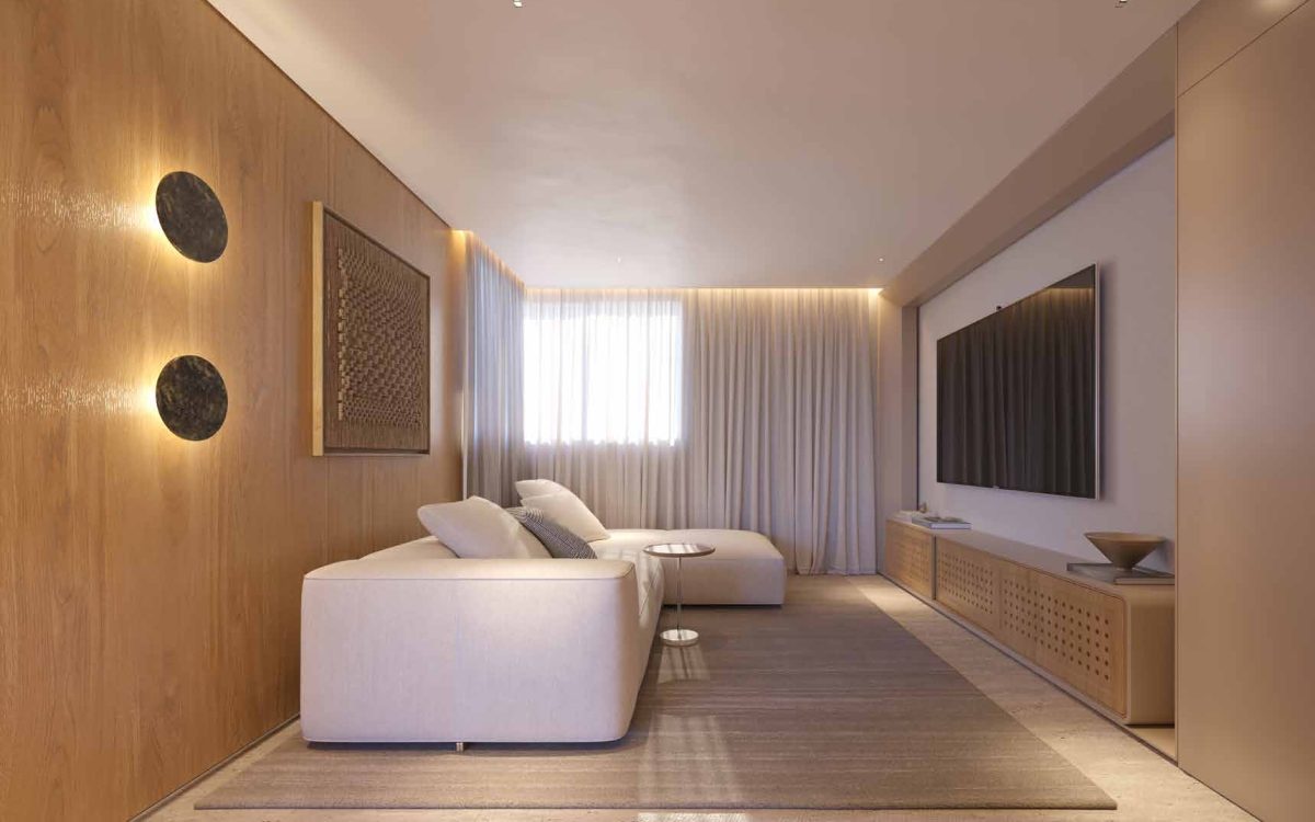 Home theater sala de TV apartamento Citta Sereno 4 suites