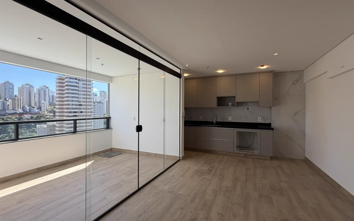 Sala e cozinha integradas com vista panorâmica — Apartamento Aldea Vale do Sereno